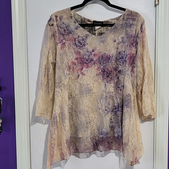 Y2K FAIRY COTTAGECORE PURPLE CREAM FLORAL LACE AYSM BLOUSE EUC XL - Picture 4 of 10